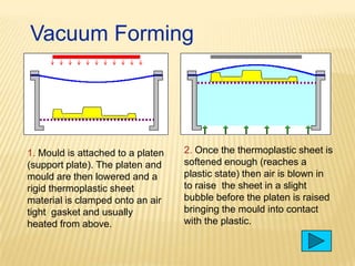 Vacuum Forming

1. Mould is attached to a platen
(support plate). The platen and
mould are then lowered and a
rigid thermoplastic sheet
material is clamped onto an air
tight gasket and usually
heated from above.

2. Once the thermoplastic sheet is
softened enough (reaches a
plastic state) then air is blown in
to raise the sheet in a slight
bubble before the platen is raised
bringing the mould into contact
with the plastic.

 
