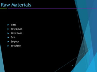 Raw Materials
 Coal
 Petrollium
 Limestone
 Salt
 Sulphur
 cellulose
6
 