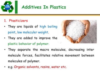 Additives In Plastics
1. Ptasticizers
• They are liquids of high boiling
point, low moleculer weight.
• They are added to improve the
plastic behavior of polymer.
• They separate the macro molecules, decreasing inter
molecule forces, facilitates relative movement between
molecules of polymer.
• e.g. Organic solvents, resins, water etc.
 