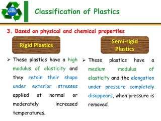 Classification of Plastics
3. Based on physical and chemical properties
Semi-rigid
Plastics
Rigid Plastics
 These plastics have a high
modulus of elasticity and
they retain their shape
under exterior stresses
applied at normal or
moderately increased
temperatures.
 These plastics have a
medium modulus of
elasticity and the elongation
under pressure completely
disappears, when pressure is
removed.
 