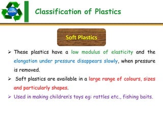 Classification of Plastics
Soft Plastics
 These plastics have a low modulus of elasticity and the
elongation under pressure disappears slowly, when pressure
is removed.
 Soft plastics are available in a large range of colours, sizes
and particularly shapes.
 Used in making children’s toys eg: rattles etc., fishing baits.
 