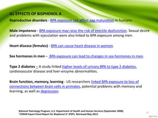ILL EFFECTS OF BISPHENOL A
Reproductive disorders - BPA exposure can affect egg maturation in humans.
Male impotence - BPA exposure may raise the risk of erectile dysfunction. Sexual desire
and problems with ejaculation were also linked to BPA exposure among men.
Heart disease (females) - BPA can cause heart disease in women.
Sex hormones in men – BPA exposure can lead to changes in sex hormones in men.
Type 2 diabetes – A study linked higher levels of urinary BPA to type 2 diabetes,
cardiovascular disease and liver-enzyme abnormalities.
Brain function, memory, learning - US researchers linked BPA exposure to loss of
connections between brain cells in primates, potential problems with memory and
learning, as well as depression.
National Toxicology Program, U.S. Department of Health and Human Services (September 2008).
"CERHR Expert Panel Report for Bisphenol A" (PDF). Retrieved May 2013.
15
 