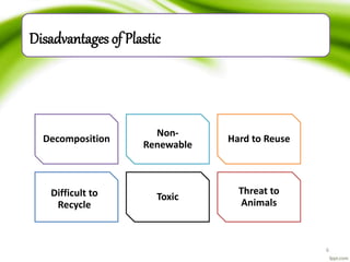 Decomposition
Non-
Renewable
Hard to Reuse
Difficult to
Recycle
Toxic
Threat to
Animals
6
Disadvantages of Plastic
 