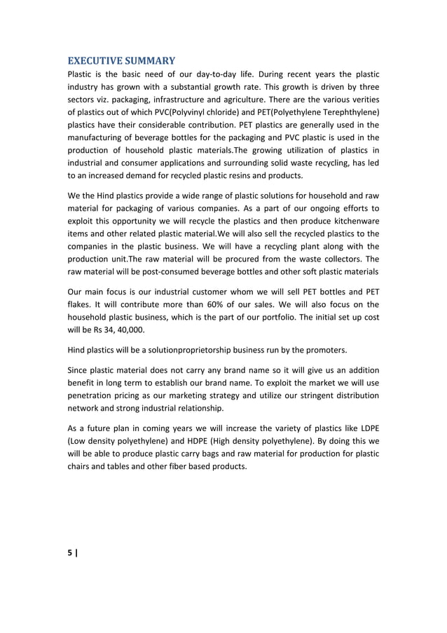 Plastic recycling business plan Report PDF