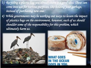 3) Recycling a plastic bag you already have is a good idea. These can
come into use for various purposes, like holding your garbage,
instead of purchasing new one.
4) While governments may be working out ways to lessen the impact
of plastics bags on the environment, however, each of us should
shoulder some of the responsibility for this problem, which
ultimately harm us.
 