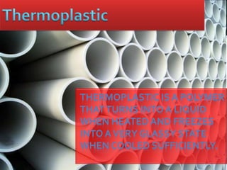 THERMOPLASTIC IS A POLYMER
THAT TURNS INTO A LIQUID
WHEN HEATED AND FREEZES
INTO A VERY GLASSY STATE
WHEN COOLED SUFFICIENTLY.
 