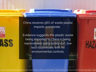 TEXT HERE
China receives 56% of waste plastic
imports worldwide.
Evidence suggests the plastic waste
being imported to China is being
reprocessed using family-run, low
tech businesses with no
environmental controls.
Costas Velis, Global Recycling Markets: Plastic Waste; A Story for One Player—China (Vienna: International Solid Waste Association, 2014).
 