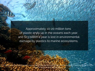 TEXT HERE
Approximately 10-20 million tons
of plastic ends up in the oceans each year,
and $13 billion a year is lost in environmental
damage by plastics to marine ecosystems.
U.N. Environment Programme (UNEP), Valuing Plastics: The Business Case for Measuring, Managing and Disclosing Plastic Use in the
Consumer Goods Industry (Nairobi: 2014).
 
