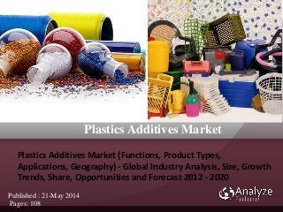 Plastics
Additives Market
(Functions, Product
Types, Applications, Geograp
hy) - Global Industry
Analysis, Size, Growth
Trends, Share, Opportunities
and Forecast 2012 - 2020
Pages
108
Published Date:- Apr-2014
Plastics Additives Market (Functions, Product Types,
Applications, Geography) - Global Industry Analysis, Size, Growth
Trends, Share, Opportunities and Forecast 2012 - 2020
Published : 21-May 2014
Pages: 108
Plastics Additives Market
 