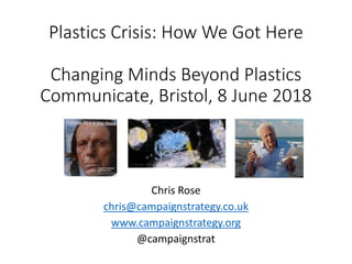 Plastics Crisis: How We Got Here
Changing Minds Beyond Plastics
Communicate, Bristol, 8 June 2018
Chris Rose
chris@campaignstrategy.co.uk
www.campaignstrategy.org
@campaignstrat
 