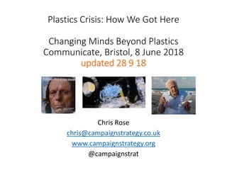 Plastics Crisis: How We Got Here
Changing Minds Beyond Plastics
Communicate, Bristol, 8 June 2018
updated 28 9 18
Chris Rose
chris@campaignstrategy.co.uk
www.campaignstrategy.org
@campaignstrat
 