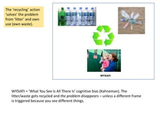 The ‘recycling’ action
‘solves’ the problem
from ‘litter’ and own
use (own waste).
WYSIATI = ‘What You See Is All There Is’ cognitive bias (Kahneman). The
litter/waste gets recycled and the problem disappears – unless a different frame
is triggered because you see different things.
 