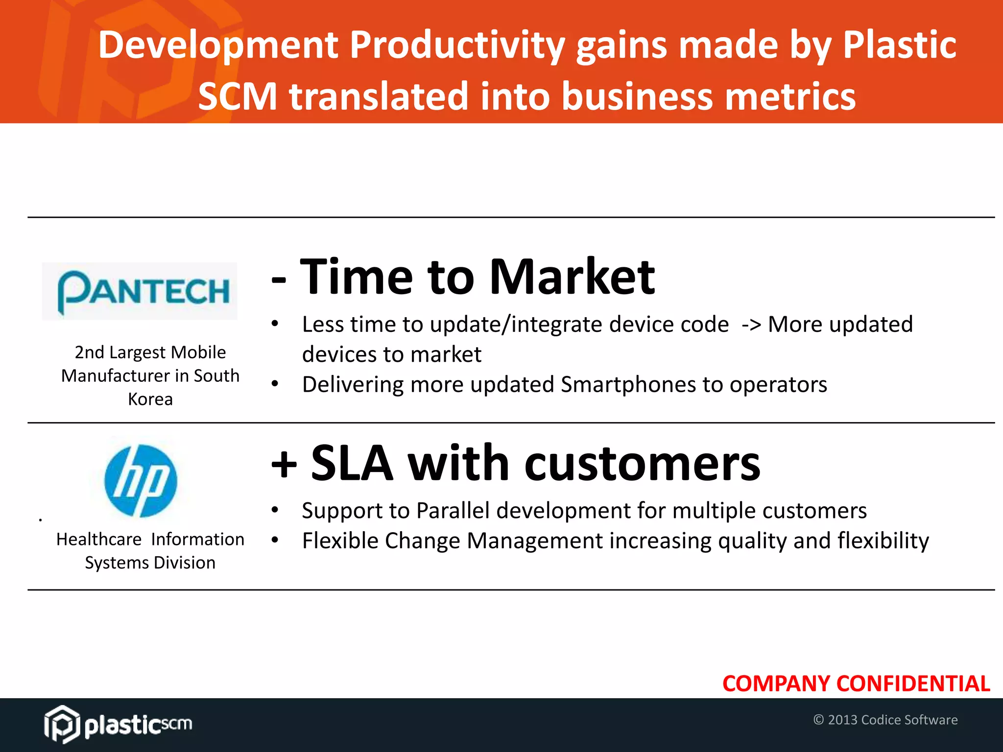 © 2013 Codice Software
Development Productivity gains made by Plastic
SCM translated into business metrics
- Time to Market
• Less time to update/integrate device code -> More updated
devices to market
• Delivering more updated Smartphones to operators
+ SLA with customers
• Support to Parallel development for multiple customers
• Flexible Change Management increasing quality and flexibility
.
COMPANY CONFIDENTIAL
2nd Largest Mobile
Manufacturer in South
Korea
Healthcare Information
Systems Division
 