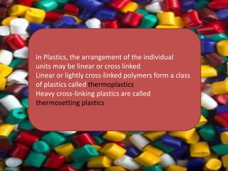 In Plastics, the arrangement of the individual
units may be linear or cross linked
Linear or lightly cross-linked polymers form a class
of plastics called thermoplastics
Heavy cross-linking plastics are called
thermosetting plastics
 