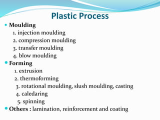 Plastic Process
 Moulding
1. injection moulding
2. compression moulding
3. transfer moulding
4. blow moulding
Forming
1. extrusion
2. thermoforming
3. rotational moulding, slush moulding, casting
4. caledaring
5. spinning
Others : lamination, reinforcement and coating
 