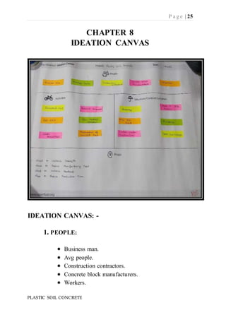 P a g e | 25
PLASTIC SOIL CONCRETE
CHAPTER 8
IDEATION CANVAS
IDEATION CANVAS: -
1. PEOPLE:
 Business man.
 Avg people.
...