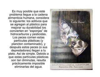 Es muy posible que este
 problema llegue a la cadena
alimenticia humana, considera
 lo siguiente: los aditivos que
  se agregan al plástico para
   mejorar su durabilidad los
 convierten en “esponjas” de
  hidrocarburos y pesticidas.
    Los peces comen estas
     partículas plásticas (y
   plancton contaminado), y
 después estos peces (o sus
   depredadores) llegan a tu
plato. Así de simple. Debido a
que estas partículas plásticas
   son tan diminutas, resulta
    prácticamente imposible
      eliminarlas del agua.
 