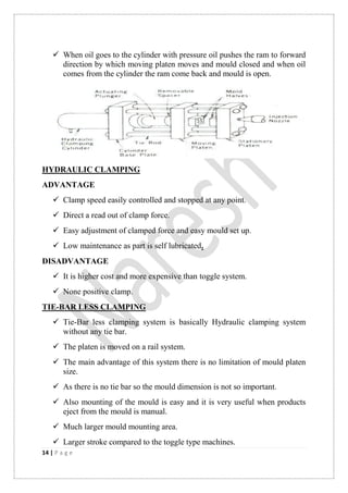14 | P a g e
 When oil goes to the cylinder with pressure oil pushes the ram to forward
direction by which moving platen moves and mould closed and when oil
comes from the cylinder the ram come back and mould is open.
HYDRAULIC CLAMPING
ADVANTAGE
 Clamp speed easily controlled and stopped at any point.
 Direct a read out of clamp force.
 Easy adjustment of clamped force and easy mould set up.
 Low maintenance as part is self lubricated.
DISADVANTAGE
 It is higher cost and more expensive than toggle system.
 None positive clamp.
TIE-BAR LESS CLAMPING
 Tie-Bar less clamping system is basically Hydraulic clamping system
without any tie bar.
 The platen is moved on a rail system.
 The main advantage of this system there is no limitation of mould platen
size.
 As there is no tie bar so the mould dimension is not so important.
 Also mounting of the mould is easy and it is very useful when products
eject from the mould is manual.
 Much larger mould mounting area.
 Larger stroke compared to the toggle type machines.
 