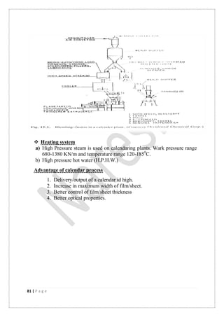 81 | P a g e
 Heating system
a) High Pressure steam is used on calendaring plants. Wark pressure range
680-1380 KN/m and temperature range 120-1850
C.
b) High pressure hot water (H.P.H.W.)
Advantage of calendar process
1. Delivery/output of a calendar id high.
2. Increase in maximum width of film/sheet.
3. Better control of film/sheet thickness
4. Better optical properties.
 