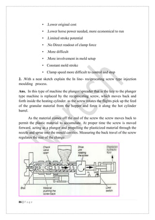 86 | P a g e
• .Lower original cost
• .Lower horse power needed, more economical to run
• .Limited stroke potential
• .No Direct readout of clamp force
• .More difficult
• .More involvement in mold setup
• Constant mold stroke
• Clamp speed more difficult to control and stop
2. .With a neat sketch explain the In line- reciprocating screw type injection
moulding process.
Ans. In this type of machine the plunger/spreader that is the key to the plunger
type machine is replaced by the reciprocating screw, which moves back and
forth inside the heating cylinder. as the screw rotates the flights pick up the feed
of the granular material from the hopper and force it along the hot cylinder
barrel.
As the material comes off the end of the screw the screw moves back to
permit the plastic material to accumulate. At proper time the screw is moved
forward, acting as a plunger and propelling the plasticized material through the
nozzle and sprue into the mould cavities. Measuring the back travel of the screw
regulates the size of the change.
 
