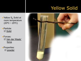 Yellow SolidYellow S8 Solid at   room temperature   (20ºC ~ 25ºC)Particle:SolidForces:Van der Waals’forceProperties:powder