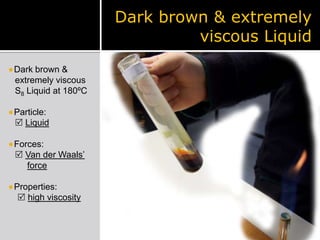 Dark brown & extremely viscous LiquidDark brown &   extremely viscousS8 Liquid at 180ºCParticle:   LiquidForces:   Van der Waals’forceProperties:high viscosity