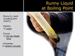Runny Liquidat Boiling PointRunny S8 Liquid   at boiling point   (445ºC)Particle:   LiquidForces:   Van der Waals’forceProperties:medium viscosity