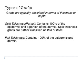 Types of Grafts
Grafts are typically described in terms of thickness or
depth.
Split Thickness(Partial): Contains 100% of the
epidermis and a portion of the dermis. Split thickness
grafts are further classified as thin or thick.
Full Thickness: Contains 100% of the epidermis and
dermis.
 