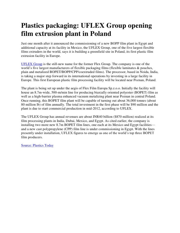 Plastics packaging UFLEX Group opening film extrusion plant in Poland