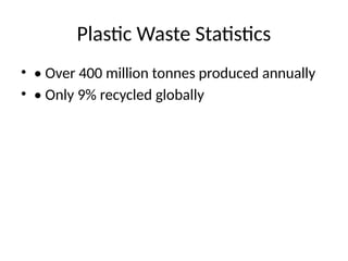 Plastic Waste Statistics
• • Over 400 million tonnes produced annually
• • Only 9% recycled globally
 