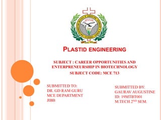 PLASTID ENGINEERING
SUBJECT : CAREER OPPORTUNITIES AND
ENTERPRENEURSHIP IN BIOTECHNOLOGY
SUBJECT CODE: MCE 713
SUBMITTED TO:
DR. GD RAM GURU
MCE DEPARTMENT
JIBB
SUBMITTED BY:
GAURAV AUGUSTINE
ID: 19MTBT001
M.TECH 2ND SEM.
 