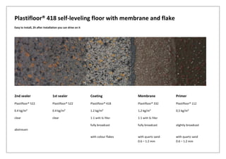 Plastifloor® 418 self-leveling floor with membrane and flake
Easy to install, 2h after installation you can drive on it
2nd sealer 1st sealer Coating Membrane Primer
Plastifloor® 522 Plastifloor® 522 Plastifloor® 418 Plastifloor® 332 Plastifloor® 112
0.4 kg/m² 0.4 kg/m² 1.2 kg/m² 1,2 kg/m² 0,5 kg/m²
clear clear 1:1 with SL filler 1:1 with SL filler
fully broadcast fully broadcast slightly broadcast
abstreuen
with colour flakes with quartz sand with quartz sand
0.6 – 1.2 mm 0.6 – 1.2 mm
 