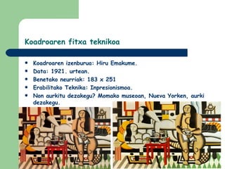 Koadroaren fitxa teknikoa

   Koadroaren izenburua: Hiru Emakume.
   Data: 1921. urtean.
   Benetako neurriak: 183 x 251
   Erabilitako Teknika: Inpresionismoa.
   Non aurkitu dezakegu? Momako museoan, Nueva Yorken, aurki
    dezakegu.
 