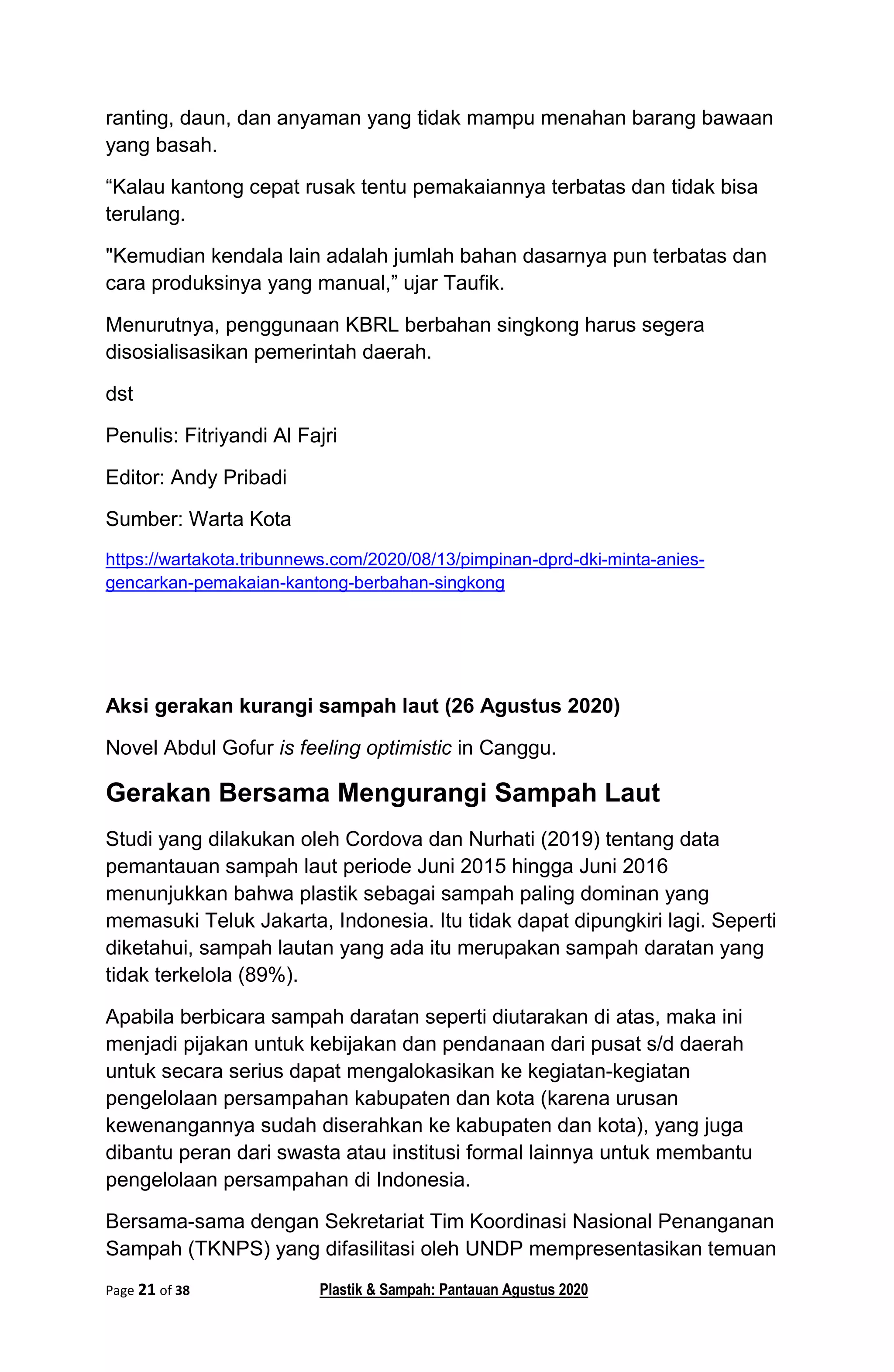 Plastik dan sampah plastik pantauan Agustus 2020 | PDF