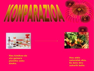 Hau kimikoa da
eta gainera
plastiko asko
dauka.
Hau aldiz
naturalak dira.
Ez dute diru
askorik balio.
 