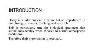 INTRODUCTION
Decay is a vital process in nature but an impediment to
morphological studies, teaching, and research.
This is particularly true for biological specimens that
shrink considerably when exposed to normal atmospheric
conditions.
Therefore their preservation is necessary.
 