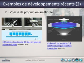 Atelier GFP – 10/12/15
Exemples de développements récents (2)
2. Vitesse de production améliorée
3D Systems: imprimante 3D fixes en lignes et
plateaux mobiles Décembre 2014
Carbon3D: technologie CLIP
(Continuous Liquid Interface
Production) Avril 2015
 