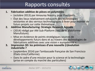 Atelier GFP – 10/12/15
Rapports consultés
1. Fabrication additive de pièces en polymères
– (octobre 2013) par Amauray Nassiry, pour Plastipolis.
– État des lieux relativement exhaustifs des technologies
existantes et des verrous technologiques à lever pour monter de
futurs projets sur cette thématique.
2. Additive Manufacturing: Strategic Research Agenda
– (2014) rédigé par AM Sub-Platform (issu de la plateforme
Manufuture).
– Mise en évidence de points stratégiques sources de
développements futurs dans et au travers des technologies de
fabrications additives avec une vision « européenne ».
3. Impression 3D: les prémisses d’une nouvelle (r)évolution
industrielle ?
– (septembre 2014) par l’ambassade française de San Francisco
(États-Unis/Californie).
– Dans le cadre d’une mission pour la science et la technologie
(prise en compte du marché des particuliers)
 