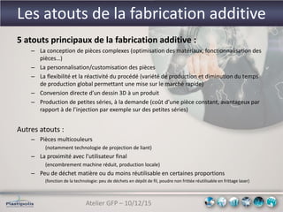 Atelier GFP – 10/12/15
Les atouts de la fabrication additive
5 atouts principaux de la fabrication additive :
– La conception de pièces complexes (optimisation des matériaux, fonctionnalisation des
pièces…)
– La personnalisation/customisation des pièces
– La flexibilité et la réactivité du procédé (variété de production et diminution du temps
de production global permettant une mise sur le marché rapide)
– Conversion directe d’un dessin 3D à un produit
– Production de petites séries, à la demande (coût d’une pièce constant, avantageux par
rapport à de l’injection par exemple sur des petites séries)
Autres atouts :
– Pièces multicouleurs
(notamment technologie de projection de liant)
– La proximité avec l’utilisateur final
(encombrement machine réduit, production locale)
– Peu de déchet matière ou du moins réutilisable en certaines proportions
(fonction de la technologie: peu de déchets en dépôt de fil, poudre non frittée réutilisable en frittage laser)
 