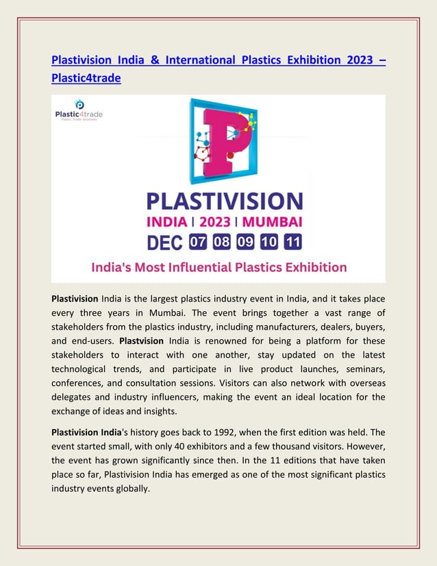 Plastivision India & International Plastics Exhibition 2023 Plastic4trade