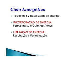 Todos os SV necessitam de energia

INCORPORAÇÃO DE ENERGIA:
Fotossíntese e Quimiossíntese

LIBERAÇÃO DE ENERGIA:
Respiração e Fermentação
 