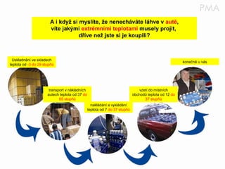 A i když si myslíte, že nenecháváte láhve v  autě , víte jakými  extrémními teplotami  musely projít,  dříve než jste si je koupili? Uskladnění ve skladech teplota od  -3 do 29 stupňů transport v nákladních autech teplota od 37  do 65 stupňů konečně u vás nakládání a vykládání teplota od 7  do 37 stupňů vzetí do místních obchodů teplota od 12  do 37 stupňů 
