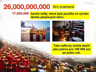 litrů znamená barelů nafty, která byla použita na výrobu těchto plastových lahví. Tato nafta by mohla stačit jako palivo pro 100 000 aut po jeden rok. 