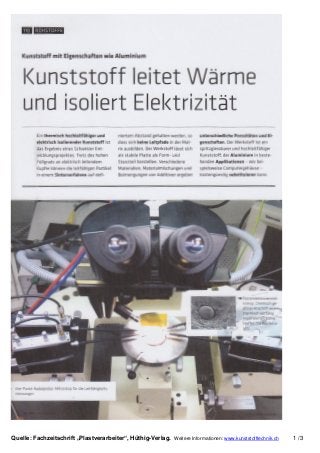 Quelle: Fachzeitschrift „Plastverarbeiter“, Hüthig-Verlag. Weitere Informationen: www.kunststofftechnik.ch 1 /3
 