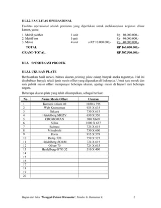 III.2.2.FASILITAS OPERASIONAL
Fasilitas operasional adalah peralatan yang diperlukan untuk melaksanakan kegiatan diluar
kantor, yaitu:
1. Mobil panther                           1 unit                             Rp 80.000.000,-
2. Mobil box                               I unit                             Rp 40.000.000,-
3. Motor                                   4 unit         a RP 10.000.000,-   Rp 40.000.000,-
   TOTAL                                                                      RP 160.000.000,-
GRAND TOTAL                                                                   RP 307.500.000,-


III.3. SPESIFIKASI PRODUK

III.3.1.UKURAN PLATE
Berdasarkan hasil survei, bahwa ukuran printing plate cukup banyak aneka ragamnya. Hal ini
disebabkan banyak sekali jenis mesin offset yang digunakan di Indonesia. Untuk satu merek dan
satu pabrik mesin offset mempunyai beberapa ukuran, apalagi mesin di Import dari beberapa
negara.
Beberapa ukuran plate yang telah dikumpulkan, sebagai berikut:
 No              Nama Mesin Offset                        Ukuran
1                 Komori Litium 40                      1030 x 795
2                 Web Kromoman                           925 X 635
3                      Sakura                            730 X 615
4                Heidelberg MOZV                         650 X 550
5                  CROMOMAN                              980 X669
6                      Solna                            1000 X 637
7                     Salewai                            724 X 615
8                    Mitsubishi                          730 X 600
9                       Haris                            915 X 578
10                   Rioby 520                           759 X 525
11               Heidelberg-SORM                         724 X 615
12                   Oliver 70                           724 X 615
13               Heidelberg-GTO 52                       510 X 400
14
15
16
17
18
19
20




Bagian dari buku “Menggali Potensi Wirausaha”, Penulis: Ir. Harmaizar Z.                  2
 