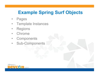 Example Spring Surf Objects
•    Pages
•    Template Instances
•    Regions
•    Chrome
•    Components
•    Sub-Components
 