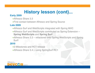 History lesson (cont)...
Early 2009
  • Alfresco Share 3.2!
  • First contact between Alfresco and Spring Source!
Late 2009
  • Alfresco Surf and WebScripts integrated with Spring MVC!
  • Alfresco Surf and WebScripts contributed as Spring Extension –
   Spring WebScripts and Spring Surf!
  • Alfresco Share 3.3 – refactored onto Spring WebScripts and Spring
   Surf!!
2010
  • 3 Milestones and RC1 release!
  • Alfresco Share 3.4 – using SpringSurf RC1!
 