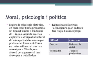 Moral, psicologia i política Segons la psicologia platònica, en cada ésser humà predomina un tipus d´ànima o tendència de l´ànima. Aquesta creença explicava la desigualtat natural de les capacitats humanes que podia ser el fonament d´una estructuració social: uns han nascut per a filòsofs, uns altresd per a guerrers i uns altres per a treballadors.  La justícia col·lectiva s´aconseguirà quan cadascú faci el que  li  és més propi :   Filòsof governar Guerrer Defensar la ciutat treballador Tasques productives 
