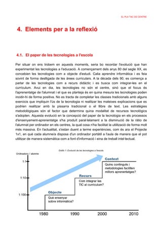 EL PLA TAC DE CENTRE




 4. Elements per a la reflexió



4.1. El paper de les tecnologies a l'escola

Per situar on ens trobem en aquests moments, seria bo recordar l'evolució que han
experimentat les tecnologies a l'educació. A començament dels anys 80 del segle XX, es
concebien les tecnologies com a objecte d'estudi. Calia aprendre informàtica i es feia
sovint de forma deslligada de les àrees curriculars. A la dècada dels 90, es comença a
parlar de les tecnologies com a recurs didàctic i es busca com integrar-les en el
currículum. Avui en dia, les tecnologies no són el centre, sinó que el focus és
l'aprenentatge de l'alumnat i el que es planteja és en quina mesura les tecnologies poden
incidir-hi de forma positiva. No es tracta de completar les classes tradicionals amb alguns
exercicis que impliquin l'ús de la tecnologia ni realitzar les mateixes explicacions que es
podrien realitzar amb la pissarra tradicional o el llibre de text. Les estratègies
metodològiques són el factor que determina quina modalitat de recursos tecnològics
s'adopten. Aquesta evolució en la concepció del paper de la tecnologia en els processos
d'ensenyament-aprenentatge s'ha produït paral·lelament a la disminució de la ràtio de
l'alumnat per ordinador en els centres, la qual cosa n'ha facilitat la utilització de forma molt
més massiva. En l'actualitat, s'estan duent a terme experiències, com és ara el Projecte
1x1, en què cada alumne/a disposa d'un ordinador portàtil a l'aula de manera que el pot
utilitzar de manera sistemàtica com a font d'informació i eina de treball intel·lectual.


                               Gràfic 1: Evolució de les tecnologies a l'escola




                                                      8
 