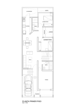 PLANTA PRIMER PISO
Esc. 1/ 50
TIENDA
SALA
DORMITORIO
BAÑO
CARD POR
DORMITORIO
LAVANDERIA
JARDIN
JARDIN
TERRAZA
COCINA BAÑO
cl.
cl.
COMEDOR
INGRESO
 